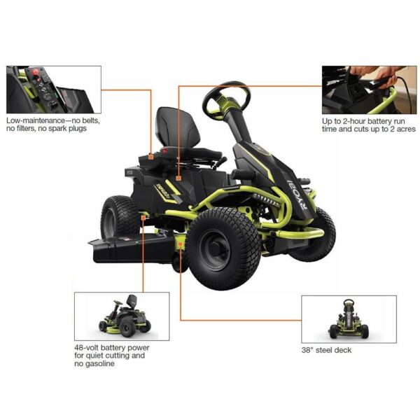 RYOBI 38 in. 100Ah Battery Electric Rear Engine Riding Lawn Mower and Bagging Kit - Image 3